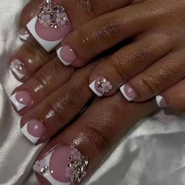 False Toe Nails - 24pcs Fake Toe Nails - French Tip Toenails With 3D Bow And Floral - French Style Shiny Rhinestone Stick On Toenails - Full Cover Press On ToesNails For Women Girls