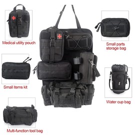 Tactical Car Seat Back Organizer Bag for Truck -with 5 Detachable Molle Pouch- 3 Different Size Admin Organizer(with Multi-Pocket) &1 Water Bottle Bag &1 Medical Kit(for All Vehicle)