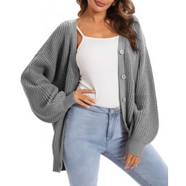 QUALFORT Women's Cardigan Sweater 100% Cotton Button-Down Long Sleeve Oversized Knit Cardigans Heathergrey Medium