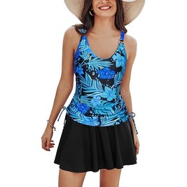 Kate Kasin Women's Tankini Swimsuits Tummy Control Two Piece V Neck Ruched Swimsuits with Skirts Beach Swim Dress, Blue Green