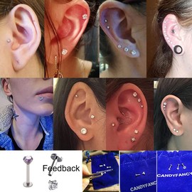 CANDYFANCY 6 Pairs 16g Cubic Zirconia Cartilage Earrings Set Stainless Steel Daith Tragus Forward Helix Earrings 2-4mm Gem