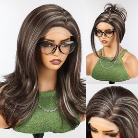 HAIRCUBE Long Wavy Wigs for Women with Partial Bangs, Heat Resistant Fibre Synthetic Lace Front Wig Brown with Highlights