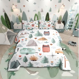Kids Camper Theme Comforter Set Full 3Pcs, Happy Camping Bedding for Toddler, Travel Car Rv Accessories Down Comforter, Botanical Flowers Mountain Adventure Quilt, Cute Camper Duvet Set Room Decor