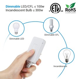 DEWENWILS Plug in Dimmer Switch for Dimmable LED/CFL Lights and Incandescent Bulbs, Full Range Slide Control, Programmable to Adjust Dimming Range, 5 ft Extension Cord, ETL Listed, White