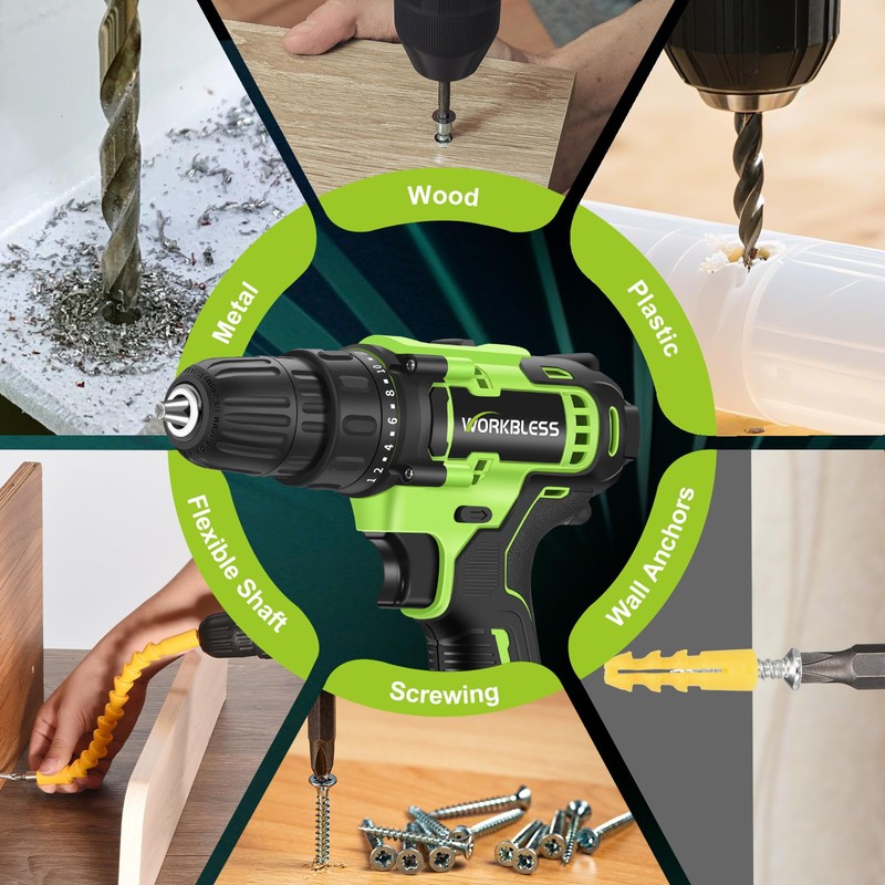 WorkBless WORKBLESS 21V Power Drill Set, Cordless Drill with 2