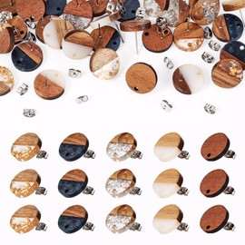 Pandahall 30Pcs Resin Walnut Wood Studs 15mm Flat Round Earring Posts Two Tone Wooden Blanks With Metal Ear Nuts for DIY Women Jewelry Making (5 Colors)