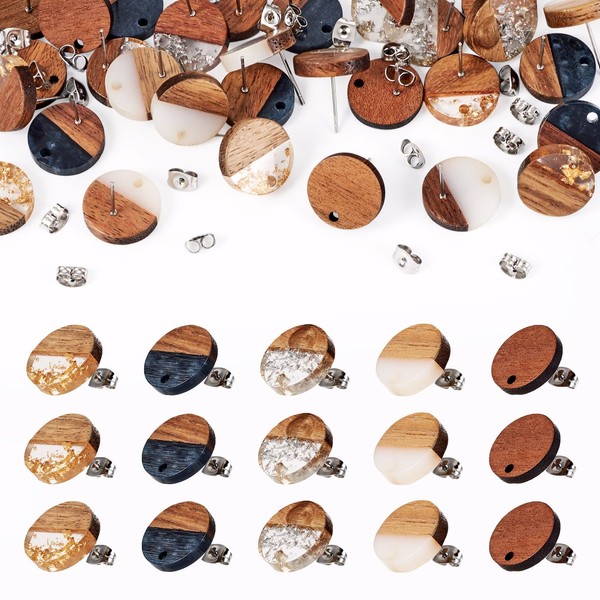 Pandahall 30Pcs Resin Walnut Wood Studs 15mm Flat Round Earring