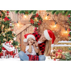 CHAIYA 7x5ft Christmas Backdrop Barn Wood Door Photography Backdrop Xmas Tree Snow Background Winter Xmas Party Supplies Christmas Family Kids Party Banner