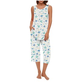 Celucke Women Summer Sleepwear Set, Soft Sleeveless Tank Top Comfortable Capri Pants Pajama Outfit Breathable Nightwear, Satin Pyjamas For Women, Pj Shorts Set, Ladies Comfort Lounge Wear