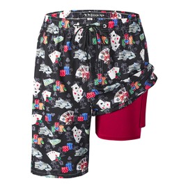 B BSUFTRO Mens Swim Trunks with Compression Liner, Poker Men Bathing Suit with Boxer Brief Liner 9 Inch Inseam Men's Board Shorts Swimwear, 4 Way Stretch Beach Shorts Quick Dry Swimsuits, L