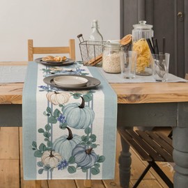 AnyDesign Fall Pumpkin Table Runner Blue Pumpkin Autumn Table Decor Waterproof Thanksgiving Kitchen Dining Table Decor Light Blue Autumn Harvest Table Cover for Indoor Outdoor Home Party, 13 x 72 Inch