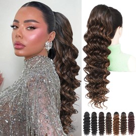 HILYBAE 24 Inch Ombre Brown Ponytail Extension, Drawstring Ponytail for Black Women, Long Curly Pony Tails Hair Extensions, Natural Synthetic Hairpiece Fluffy Ponytail for Daiy Use (Mixed Brown)