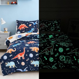 Holawakaka Glow in The Dark Kids Comforter Set, 5-Piece Luminous Twin Size Space Dinosaur Bedding Set with Sheets, Galaxy Planets Stars Dino Print Bed in a Bag for Boys Girls Nursery Dorm