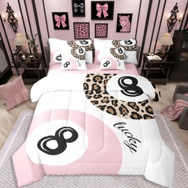 Funky Lucky 8 Ball Comforter Set 7 Piece Bed In A Bag Full,Boys Girls Preppy Leopard Print Bedding Sets,Lucky 8 Ball Cheetah Comforter and Sheets Y2K Trendy Preppy Bed Set Room Decor Aesthetic