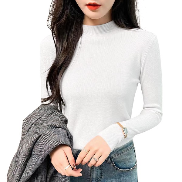 SIVAN Women's Rib Knit Sweater, Autumn & Winter, High Quality Attractive Vertical Rib, Lightweight, Refreshing Material, High Stretch, Warm, Soft, Cute, Cute, Thin, Solid, 7 Colors, Commuting, Spring and Autumn, #02. white