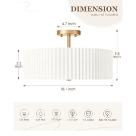 Audickic Gold Semi Flush Mount Ceiling Lights, 4-Light 18" Ceiling Light Fixture with White Pleated Fabric Shade, Drum Lamp for Nursery Hallway Bedroom Kitchen, AD-25036-4SF-GD