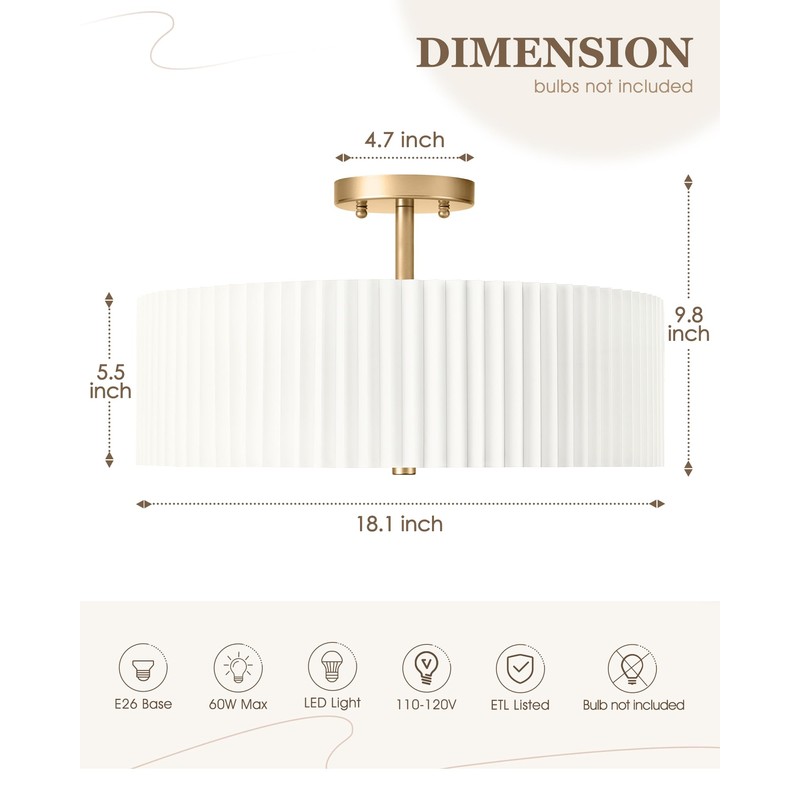 Audickic Gold Semi Flush Mount Ceiling Lights, 4-Light 18" Ceiling