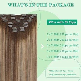 SURNEL Hair Extensions Clip in Real Human Hair Dark Brown Balayage Caramel Blonde Highlights Brown Human Hair Extensions Full Head 7Pcs 18inch 160g (7C#/4/27/4-18)