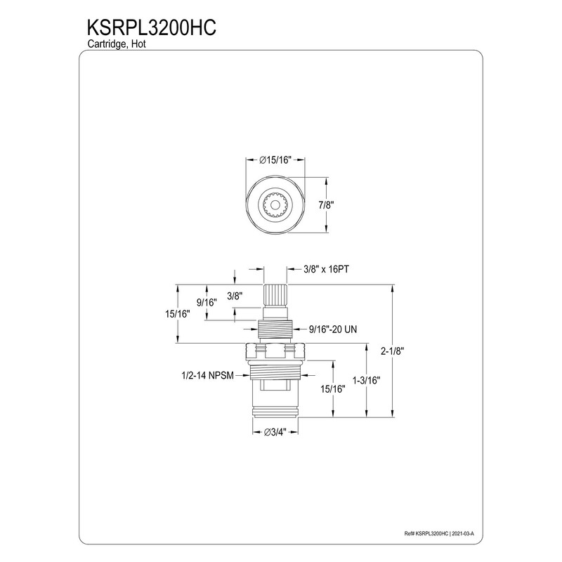 Kingston Brass KSRPL3200HC Hot Ceramic Disc Cartridge for CC Basin