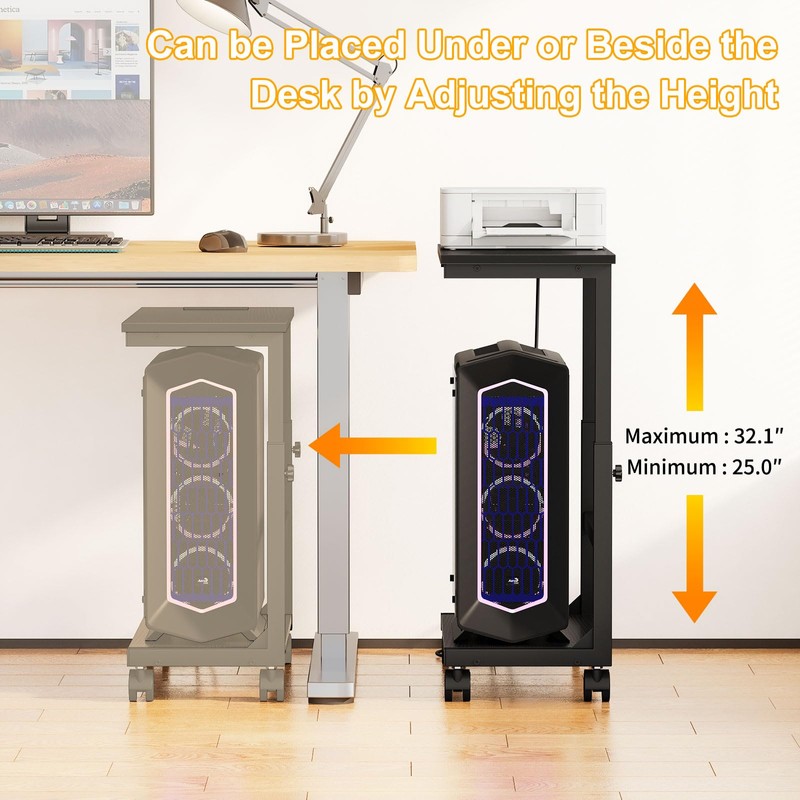 Snughome Computer Tower Stand with Charging Station, 25.0"-32.1" Height Adjustable