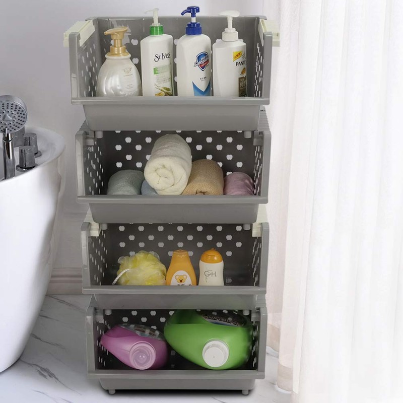 Qsbon 3-Pack Plastic Large Stackable Organizer Basket, Stacking Storage Basket,