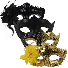 VIOCIWUO Masquerade Masks for Couple Couple Venetian Mask for Christmas Festival Costume Party(Black, Gold)