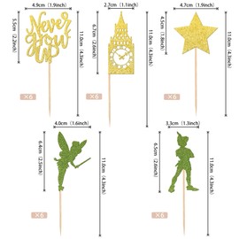 30 piezas de adornos para cupcakes con purpurina de Neverland Peter Pan Reloj Torre de Cupcake Pick Star Night Fair Tales Decoración de pasteles para baby shower, suministros de fiesta de cumpleaños, dorado y verde