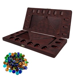 4-Player Mancala Board Game, Foldable Solid Wood with 110 Multi-Coloured Glass Beads, Instruction Manual, Non-Slip Mat,Suitable for Family Party Travelling Adults Puzzle Interactive Game.