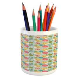 Ambesonne Easter Pencil Pen Holder, Pale Blue Backdrop with Curly and Floral Motifs in Doodle Style, Printed Ceramic Pencil Pen Holder for Desk Office Accessory, Multicolor