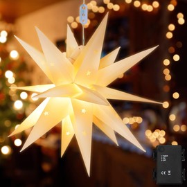 mizikuu Illuminated Christmas Star, 45 cm, 3D Luminous Star Including Paper Star, LED Christmas Tree Topper, Star with Timer, Advent Star, Illuminated, Folding Star for Courtyard, Balcony, Window,