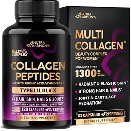 Multi Collagen Peptides - Hydrolyzed Types I, II, III, V & X - Collagen Supplement for Women 1300mg - w/ Hyaluronic Acid, Vitamins C & E - Skin, Hair,