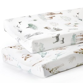 GRSSDER - Juego de 2 fundas elásticas de punto ultra suaves para cambiar, fundas de mesa de cambio para almohadillas para orejas de 32 pulgadas, 34 x 16 pulgadas, seguras y cómodas, patrón elegante para niños y niñas, animales de sabana africana