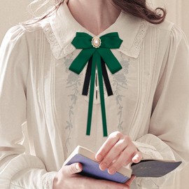 Mantieqingway Bow Ties for Women, Ribbon Uniform Pre-Tied Adjustable Bowknot Womens Bowtie for Party School Pearl Accessories (Green)