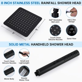 G-Promise All Metal Shower Diverter with Low Holder, Extended 13.5 Inch, Includes Rain Shower head, 3-Function Hand Shower with Massage Mode, Stainless Steel Long Hose (Matte Black)