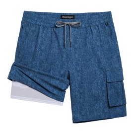 MaaMgic Mens Swim Trunks 9'' Compression Liner 2 in 1 Cargo Shorts Quick Dry Bathing Suit with Pockets,Denim Blue,X-Large