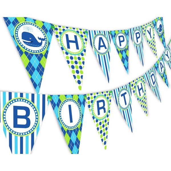 Whale Party Happy Birthday Banner Pennant - Preppy Whale Decorations