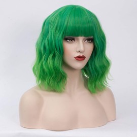 Cying Lin - Peluca de pelo corto ondulado ondulado con flequillo verde degradado para mujer, Cosplay Halloween Pelucas resistentes al calor Bob Party peluca (Z#Ombre Verde)