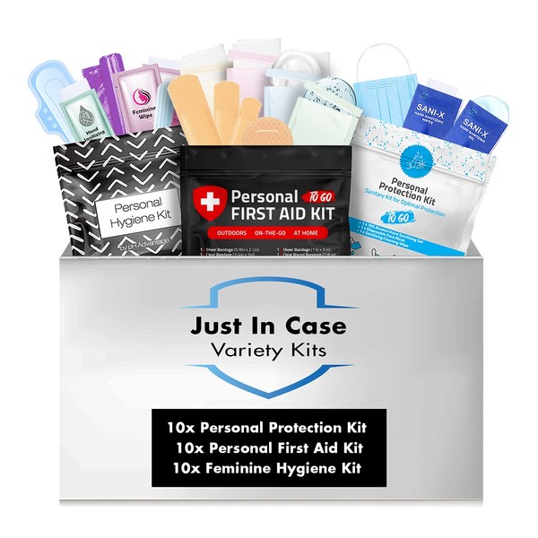 Just in Case Variety Pack | 30 Assorted Individual Personal Kits | Give the Gift of Convenience with these Charity Kits | Natural Disasters, Homeless, Friends and Family in Need (Black Treads & Black)
