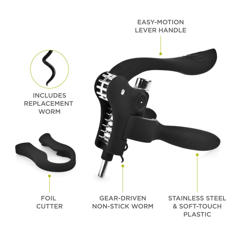 True Virtuoso Easy Lever Corkscrew Wine Opener Manual, Stainless Steel