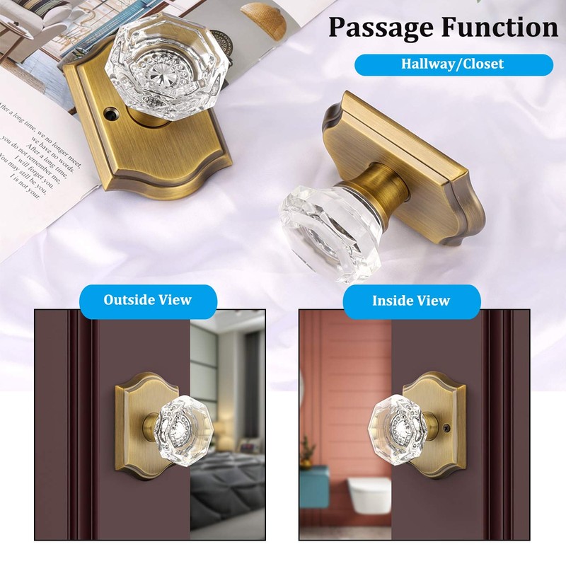 Gobrico Clear Glass Crystal Passage Door Knobs,Antique Brass Interior Crystal
