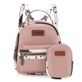 Wrangler Cow Print Mini Leather Backpack with Coin Pouch Cute Book Bag for Women Boho Daypack Perfect for Canadian Adventures LW-WG102-8600 PK