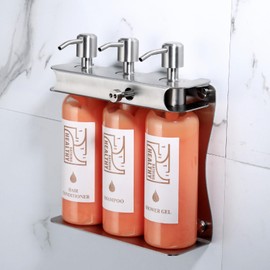 AIREMOEN Brushed Silver Shampoo, Conditioner, Body Wash Dispenser Eco-Friendly 3 Compartment Refillable Shampoo and Conditioner Pump Bottle, Wall Mounted Slot Shower Soap Dispenser (KCLS-3)