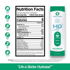 Cellutrex H2O Watermelon Zero Sugar Hydration Packets, Additive-Free Electrolyte Drink Mix for Workouts, Fasting & More, Non-GMO, Easy Open Electrolytes Powder Packets No Sugar, 20 Sticks