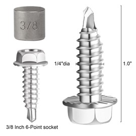 # 14 Serrated Hex Washer Head Self Drilling Screws # 2 Drill Point, 1/4"-20 Thread Size Self Tapping Screws, Garage Door Hinge and Bracket Bolts 3/8 x 1" (Qty 25)