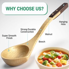 Wooden Soup Ladle – Beech and Walnut Handle Kitchen Utensils for Serving Soup, Sauce, and Pancake Batter – Handcrafted Cooking Ladles for Everyday Use – Durable Wood Design