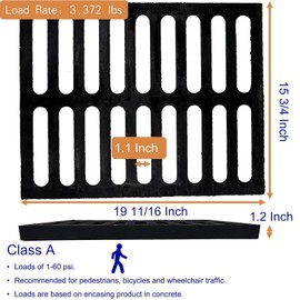DuuMuut Cast Iron Drain Grate 20x16 in, A-Class 3372 lbs Heavy-Duty Channel Cover, Outdoor Trench Drainage Grate, Black Rectangle Metal Sewer Cover for Foot Traffic (True 19.7x15.7)