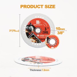 BRSCHNITT Diamond Cut Off Wheel,3 Inch x 3/8 Inch Arbor Vacuum Brazed Diamond Saw Blades for Metal Steel Tube Iron Rebar Cutting Wheel 75mm