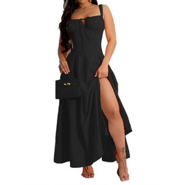 Womens Casual Milkmaid Corset Dress Sleeveless Lace Up Ruched Bodycon Square Neck Split A Line Boho Flowy Maxi Sundress Black