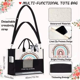 TOLOYE Tote Bag, Canvas Tote Bag Beach Bag with Zip Removable Strap, Handbags & Shoulder Bags with Makeup Bag, Gift for Women, Women's Totes Large Tote Bag for School Work Travel Shopping (ENJOY)