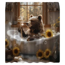 Funny Brown Bear Shower Curtain Rustic Cabin Bear Wild Animal in Bathtub Sunflower Bubble Wooden Farmhouse Wildlife Bathroom Curtain with Hook,70x70 Inch